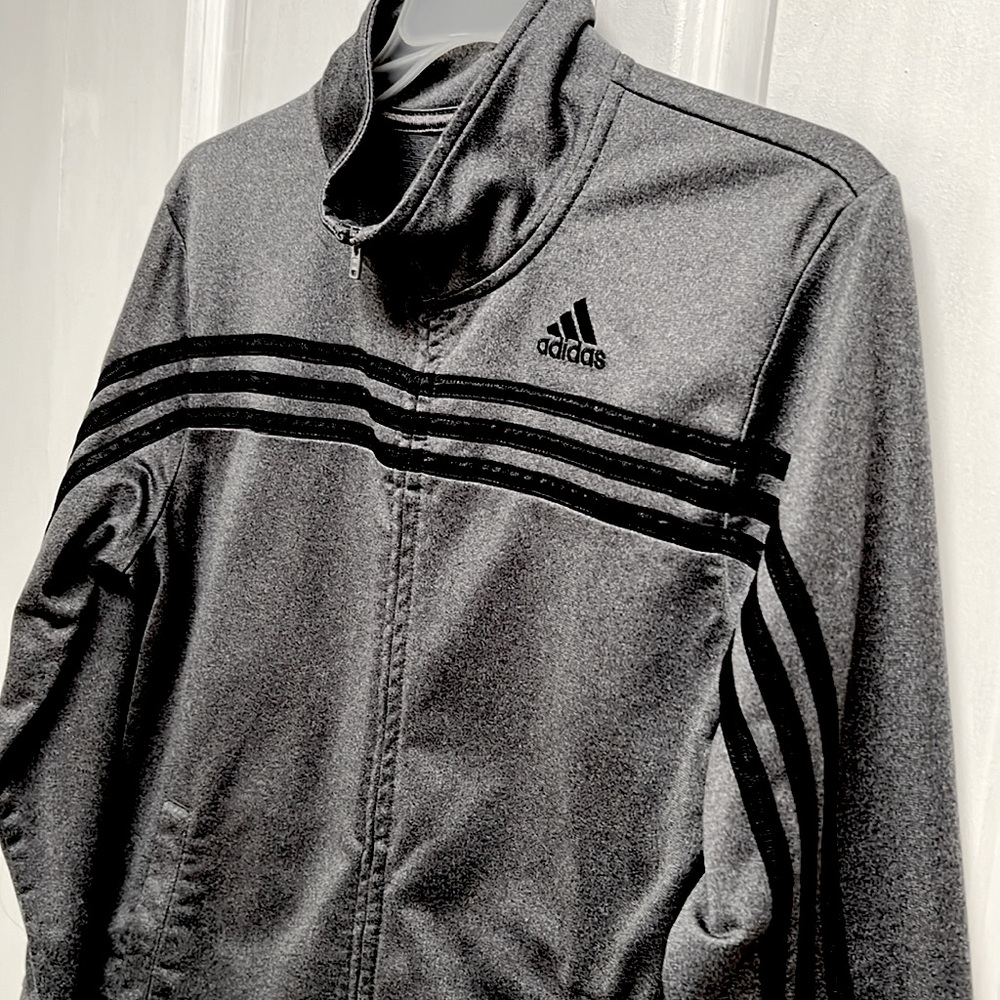 Adidas Dark Gray Black Stripe Teen Boys Athletic Jacket Size L 14/16 - Picture 5 of 9